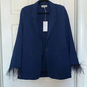 WAYF Feather Trim Navy Blue Blazer Size S